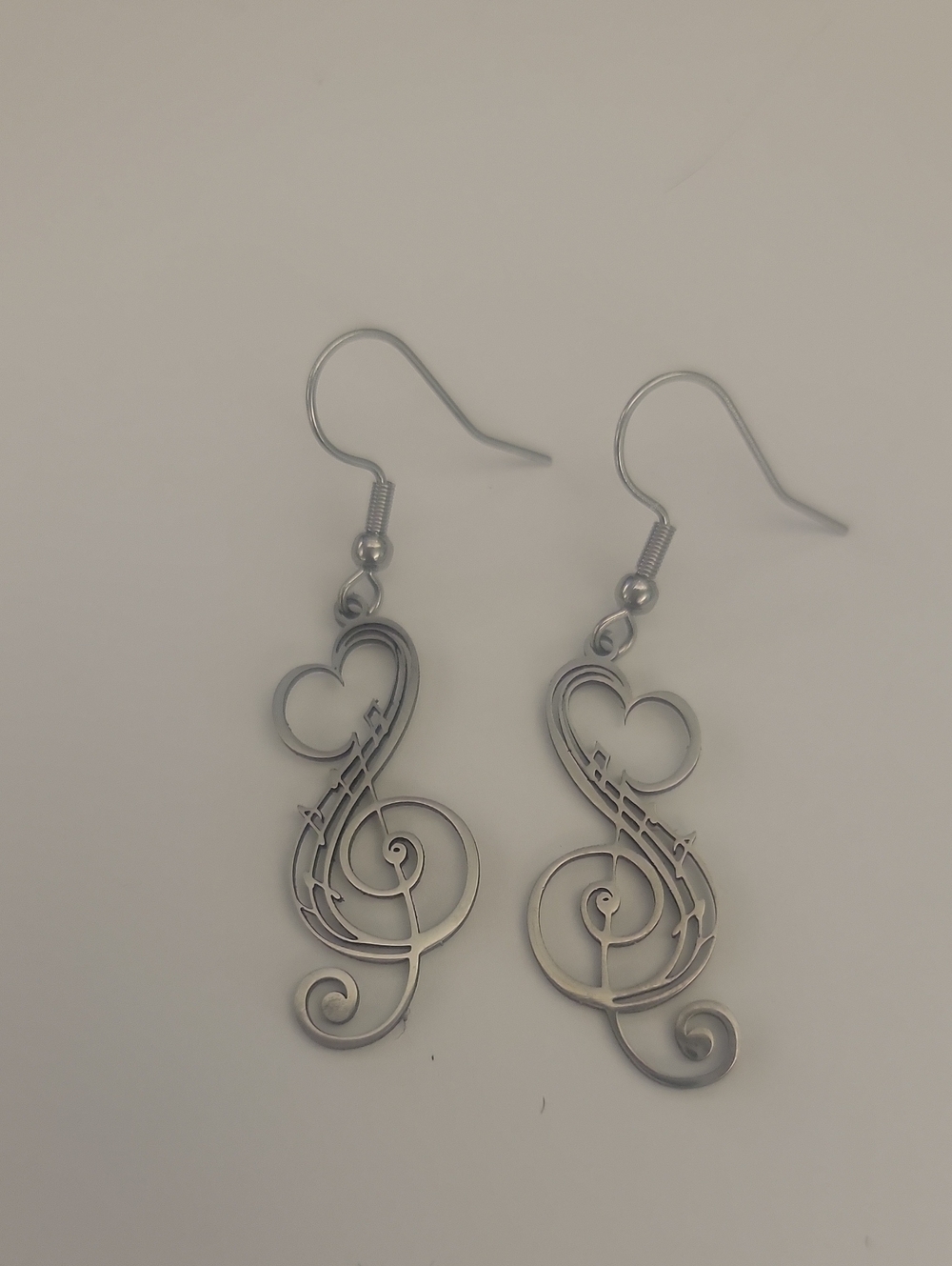 Silver Treble Clef Heart Drop Earrings